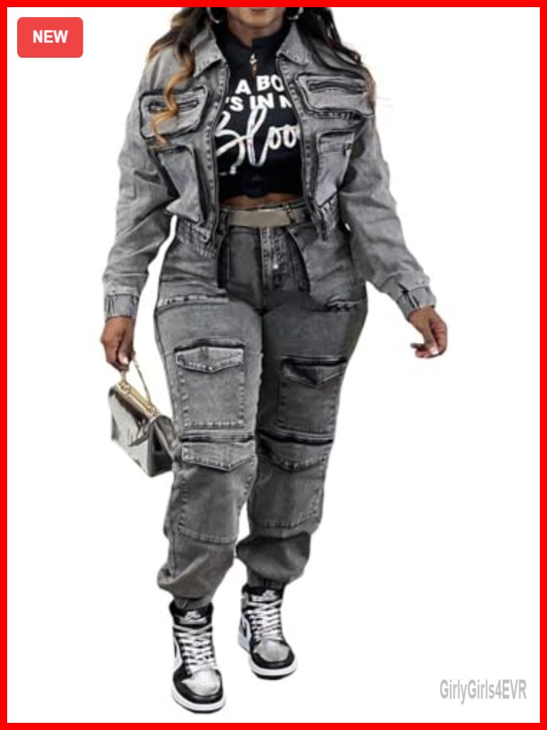 2 Piece Denim Outfits Long Sleeve Crop Jean Jacket Cargo Pants Set Y2k